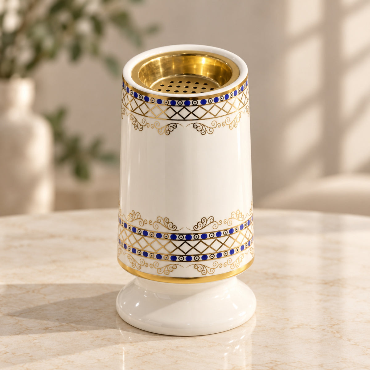 Luxury Ceramic Incense Burner – Ivory, Gold & Blue Geometric Design