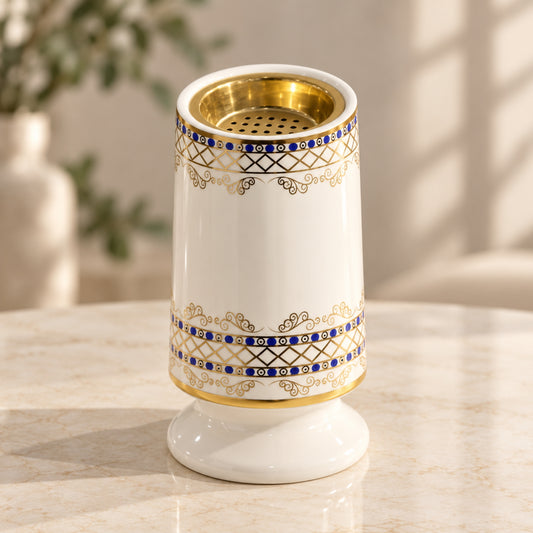 Luxury Ceramic Incense Burner – Ivory, Gold & Blue Geometric Design