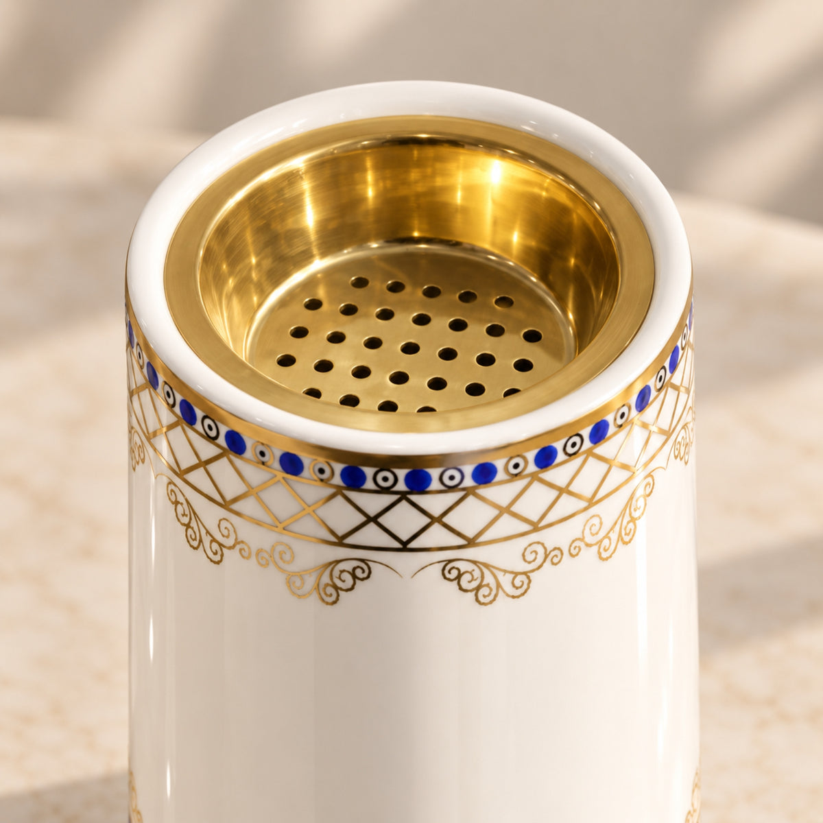 Luxury Ceramic Incense Burner – Ivory, Gold & Blue Geometric Design