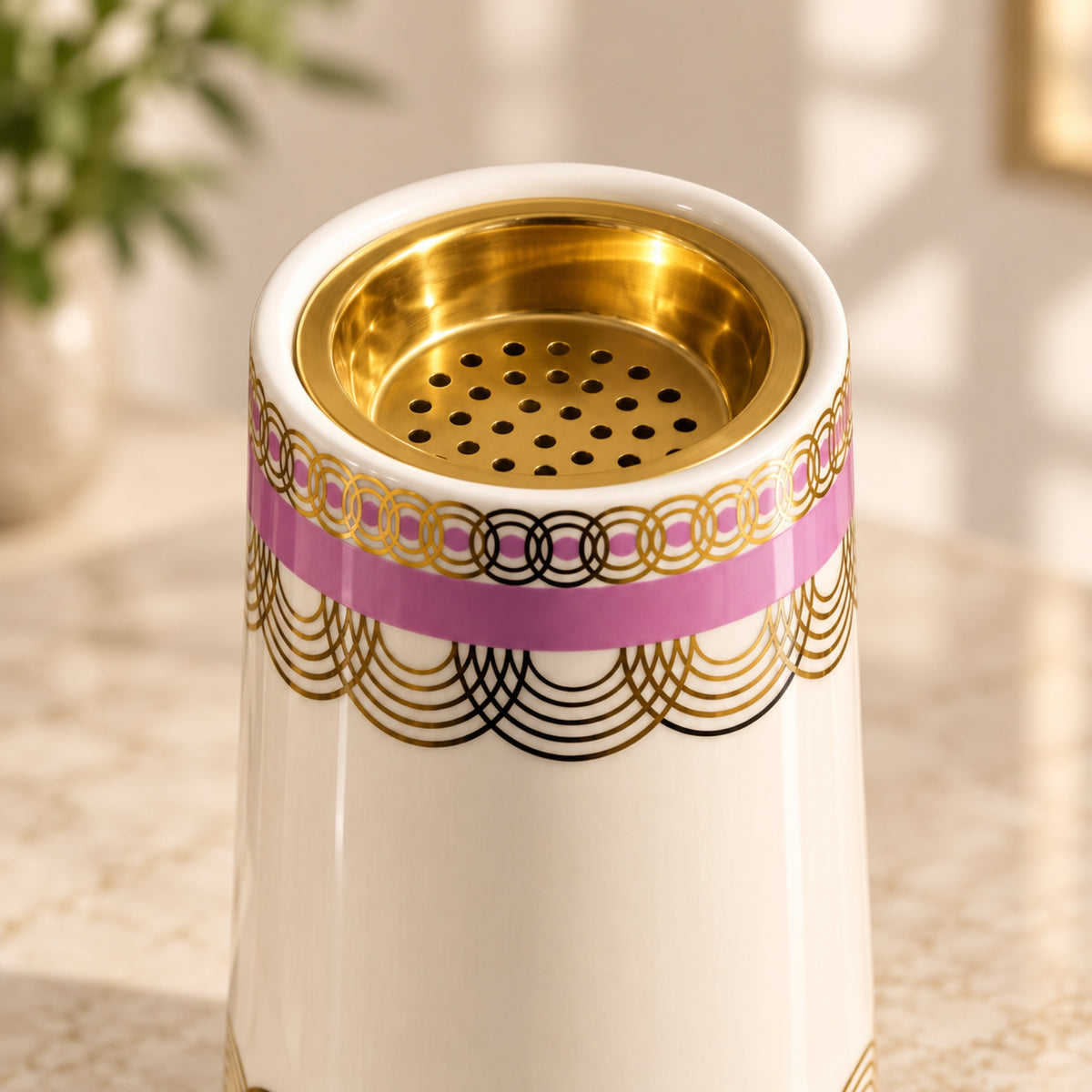 Luxury Ceramic Incense Burner – Ivory, Pink & Gold Geometric Design