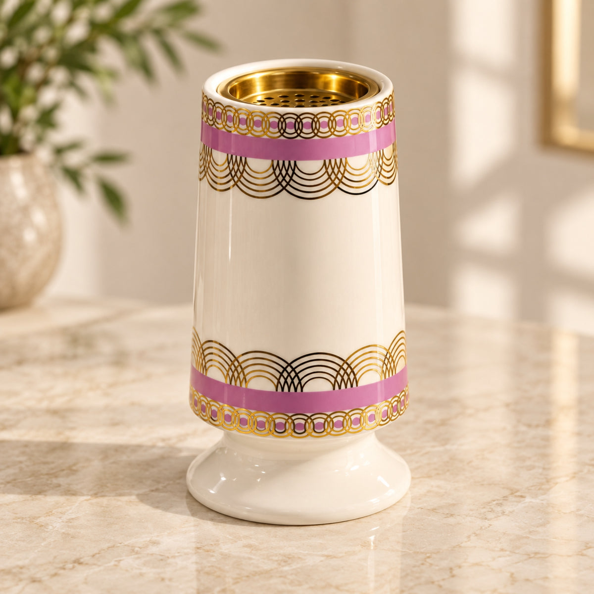 Luxury Ceramic Incense Burner – Ivory, Pink & Gold Geometric Design