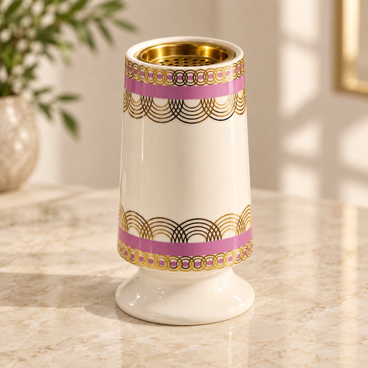 Luxury Ceramic Incense Burner – Ivory, Pink & Gold Geometric Design