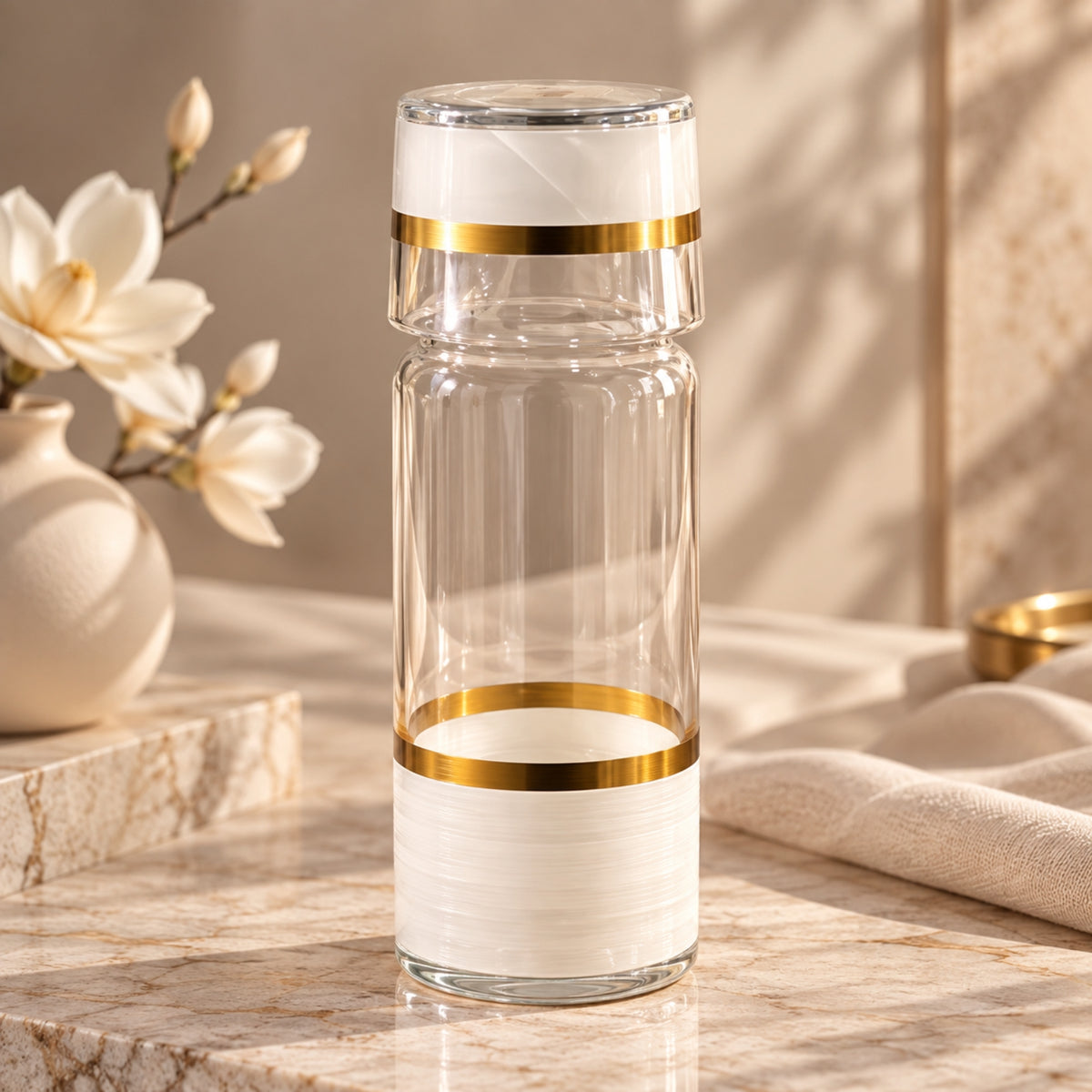 Enesco 2-Piece Water Bottle & Glass Set – White & Gold