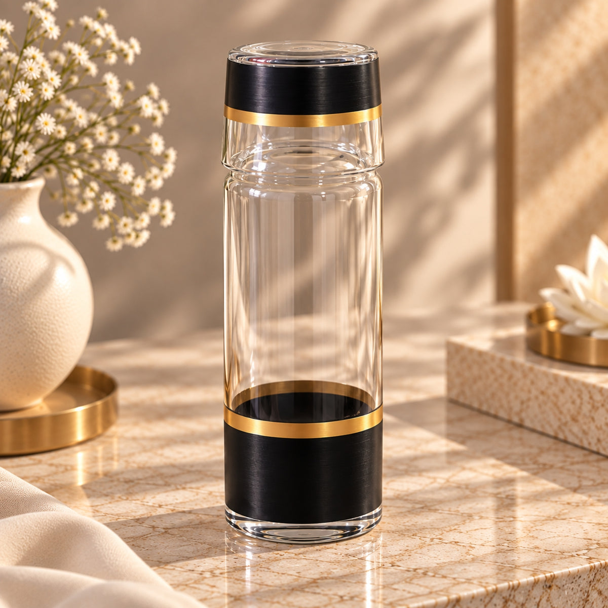 Enesco 2-Piece Water Bottle & Glass Set – Black & Gold