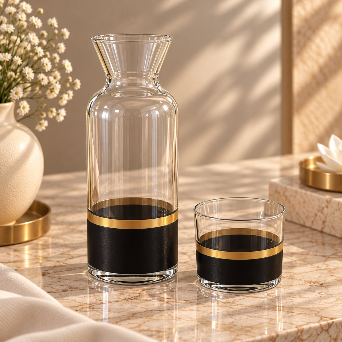 Enesco 2-Piece Water Bottle & Glass Set – Black & Gold
