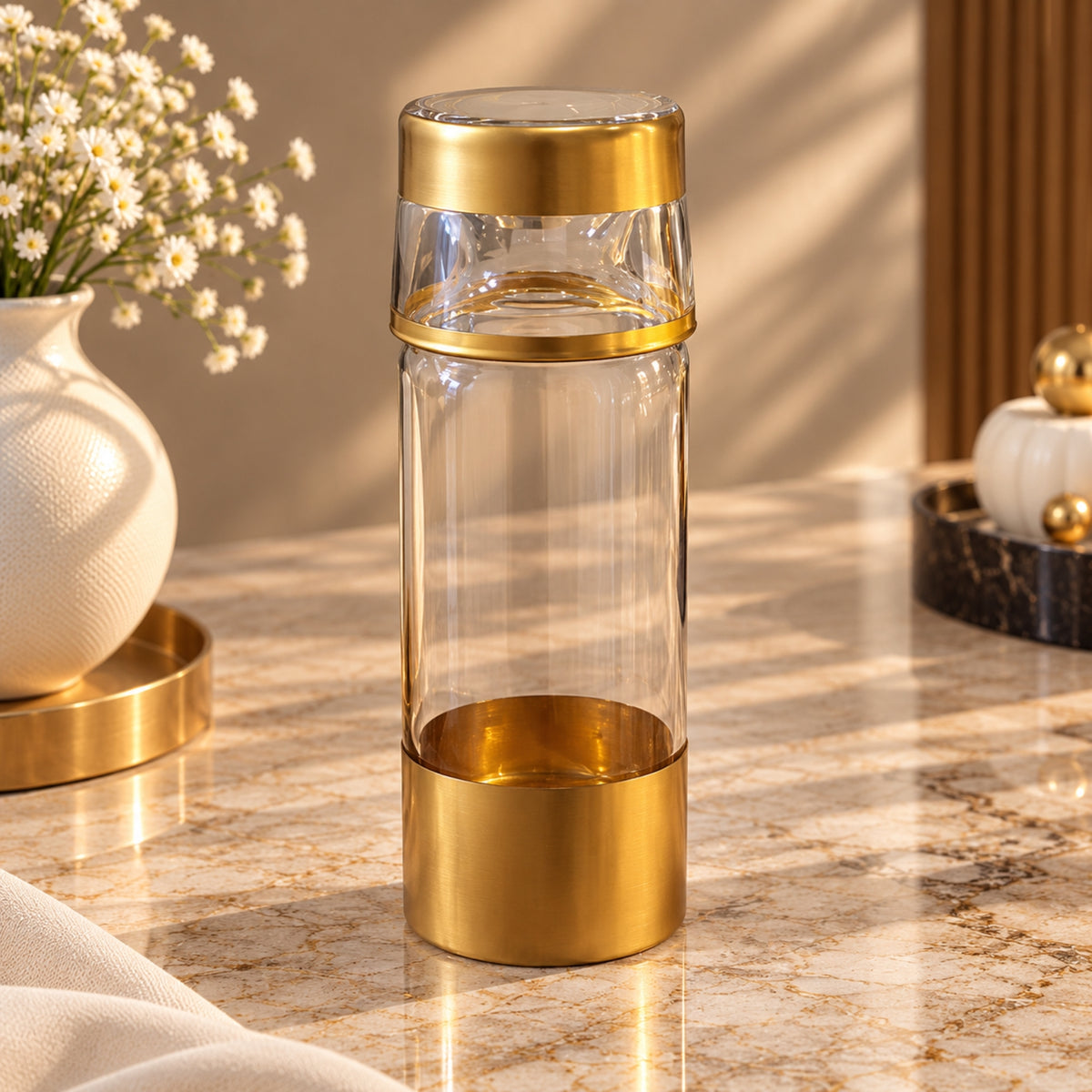 Enesco 2-Piece Water Bottle & Glass Set – Clear Glass with Gold Finish