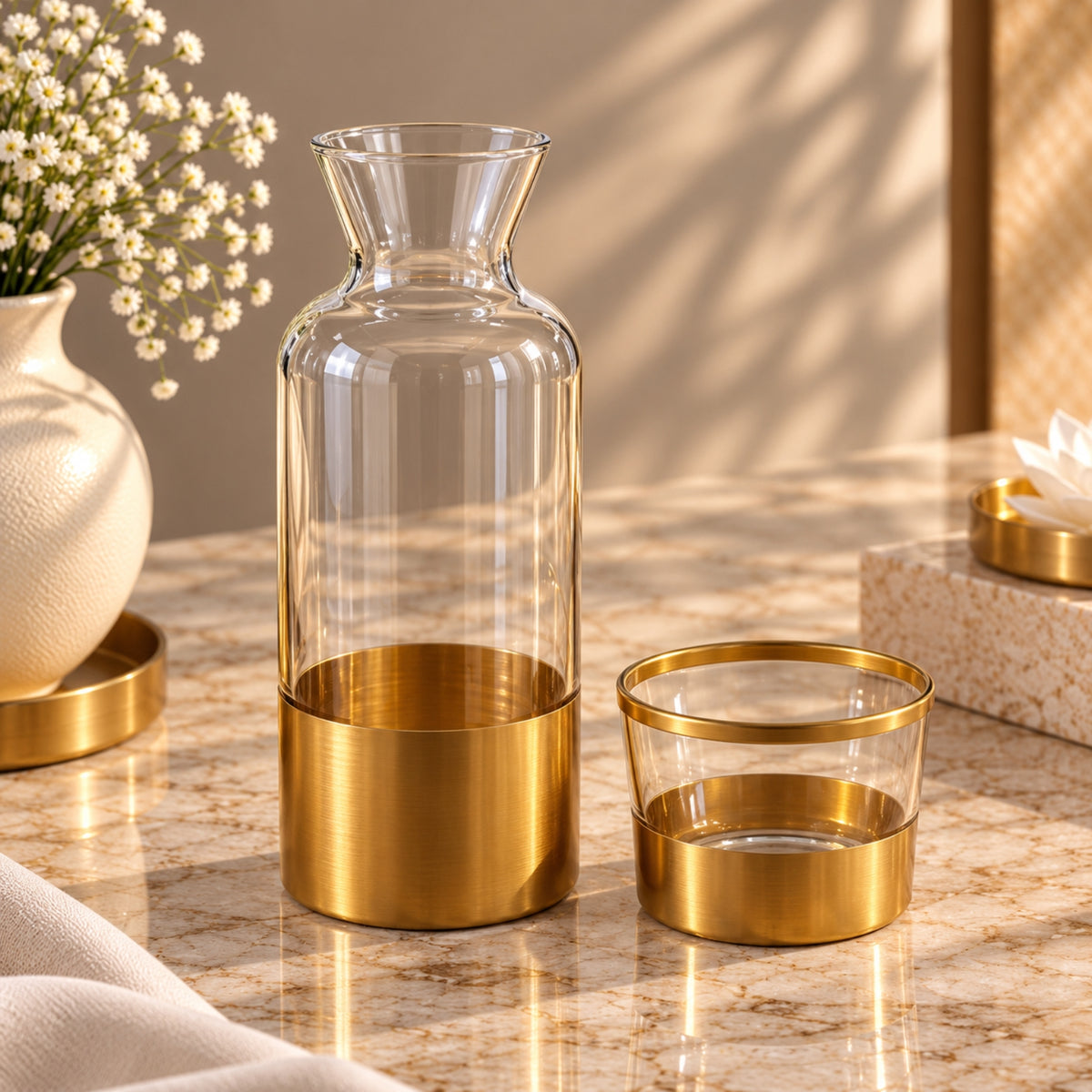 Enesco 2-Piece Water Bottle & Glass Set – Clear Glass with Gold Finish