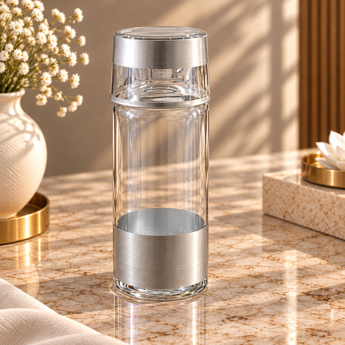 Enesco 2-Piece Water Bottle & Glass Set – Clear Glass with Silver Finish