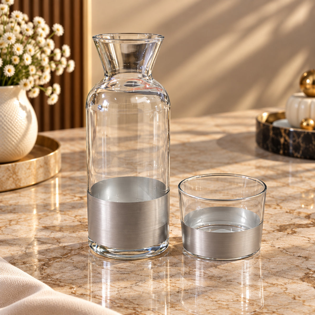 Enesco 2-Piece Water Bottle & Glass Set – Clear Glass with Silver Finish
