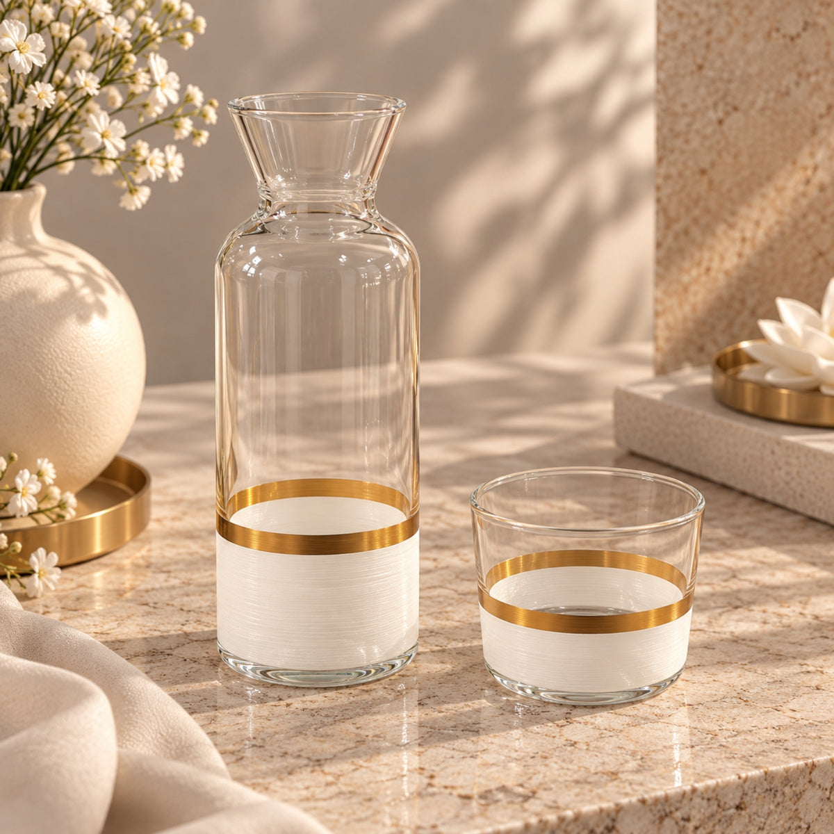 Enesco 2-Piece Water Bottle & Glass Set – White & Gold