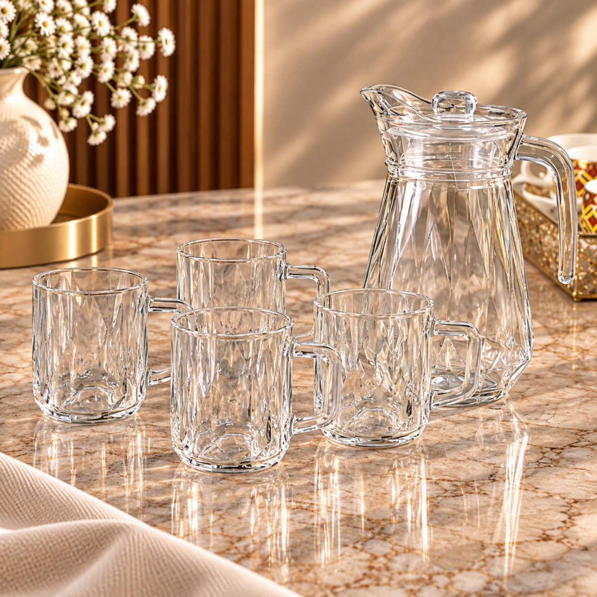 5-Piece Transparent Diamond Glass Water Set – 1 Jug + 4 Mugs