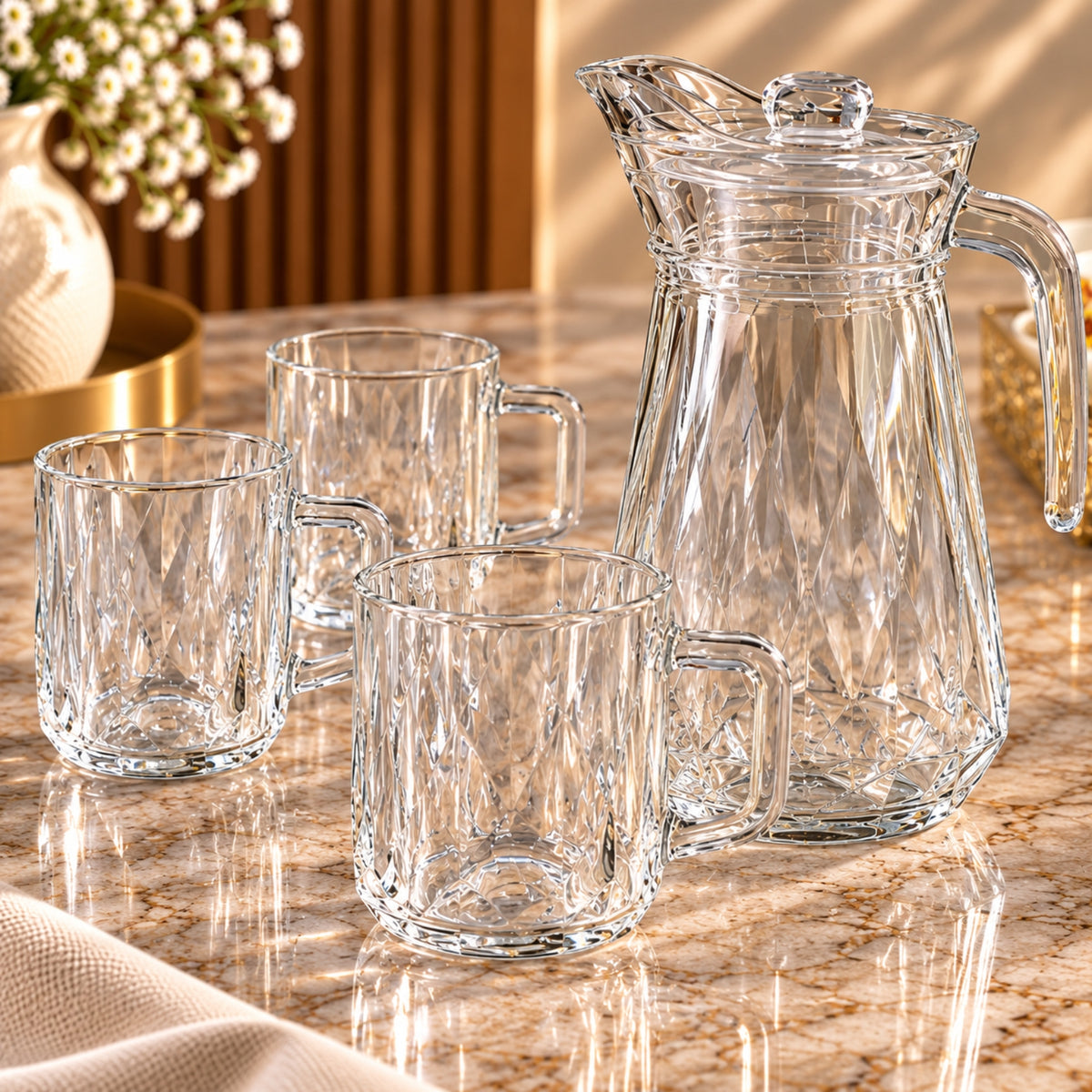 5-Piece Transparent Diamond Glass Water Set – 1 Jug + 4 Mugs