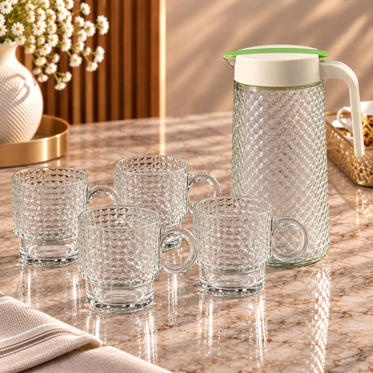 Leya 5-Piece Textured Glass Water Set – 1 Jug + 4 Mugs