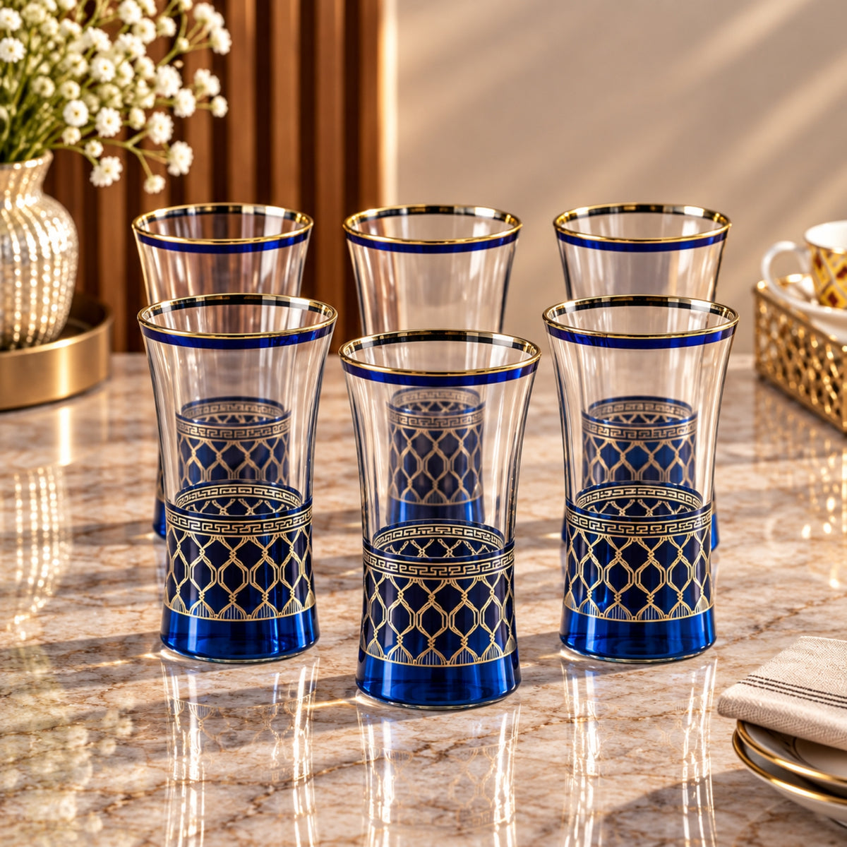 By Arts Azur 6-Piece Soft Drink Glass Set – Blue & Gold Design