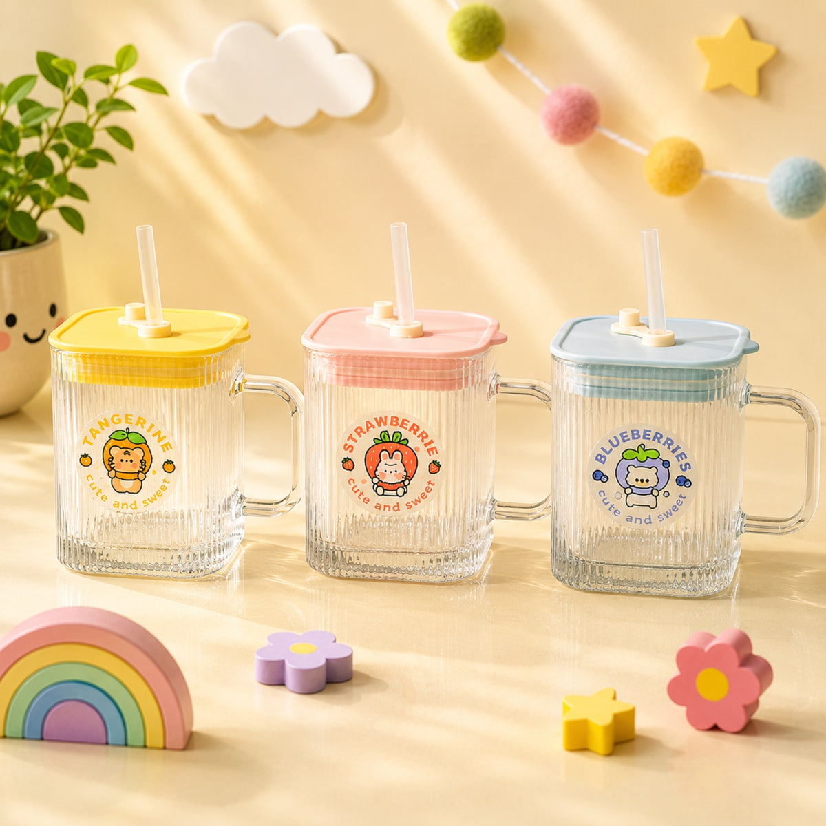 Cute Square Straw Glass Cup with Handle & Lid – Single Piece | 3 Colors