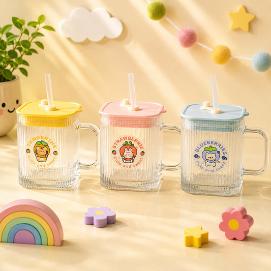 Cute Square Straw Glass Cup with Handle & Lid – Single Piece | 3 Colors