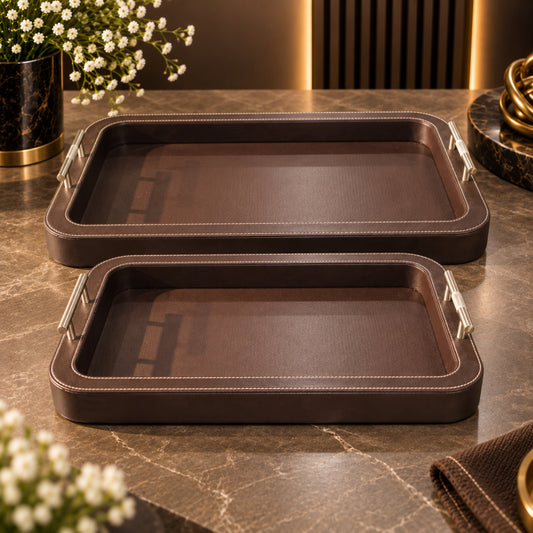 Prestige Brown Leather Serving Tray with Silver Handles – Small & Medium