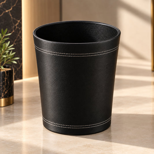 Premium Black Leather Waste Bin with Contrast Stitching