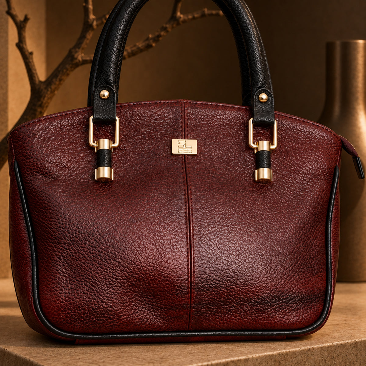 Premium Two-Tone Leather Handbag – Burgundy & Black with Gold-Tone Details