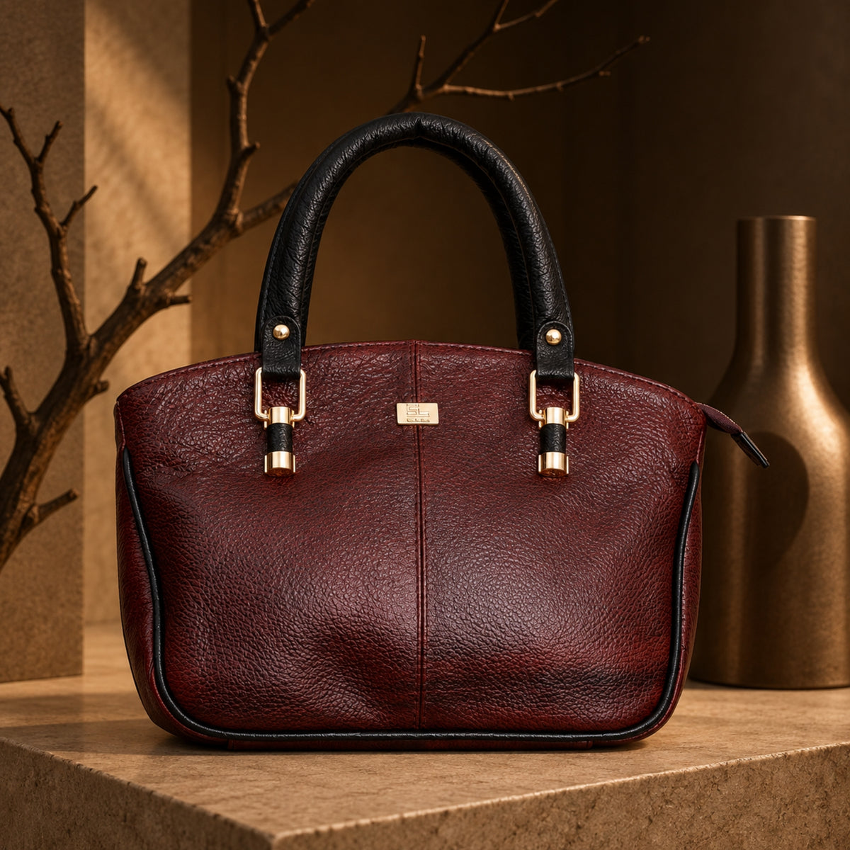 Premium Two-Tone Leather Handbag – Burgundy & Black with Gold-Tone Details