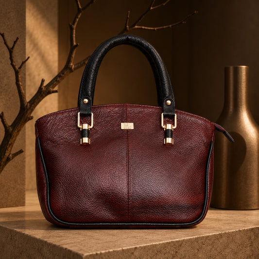 Premium Two-Tone Leather Handbag – Burgundy & Black with Gold-Tone Details