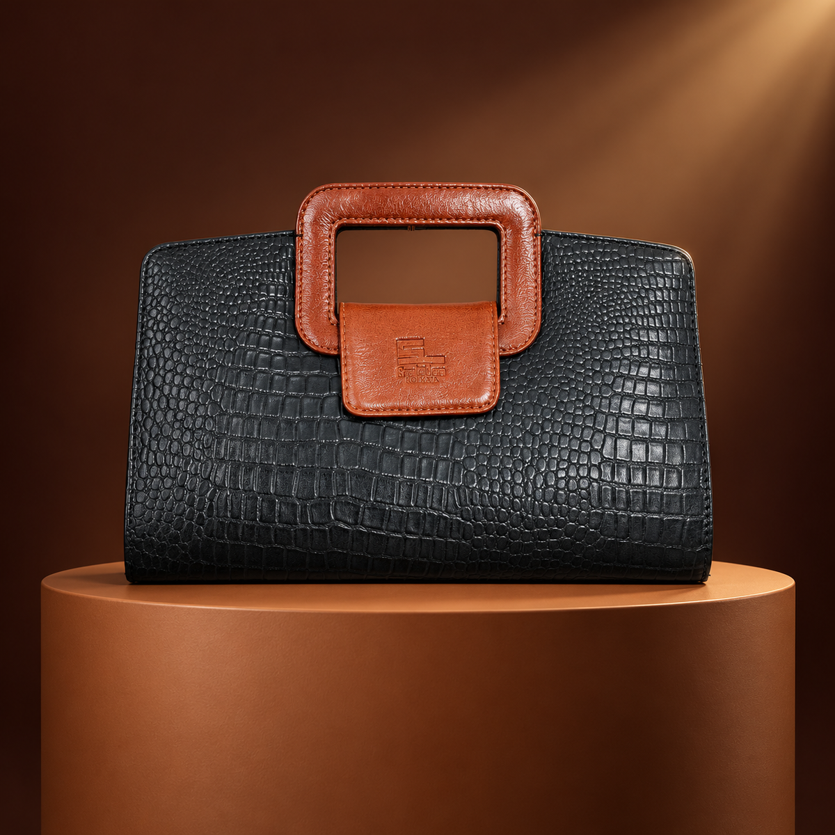 Black Crocodile-Embossed Leather Handbag with Brown Handle