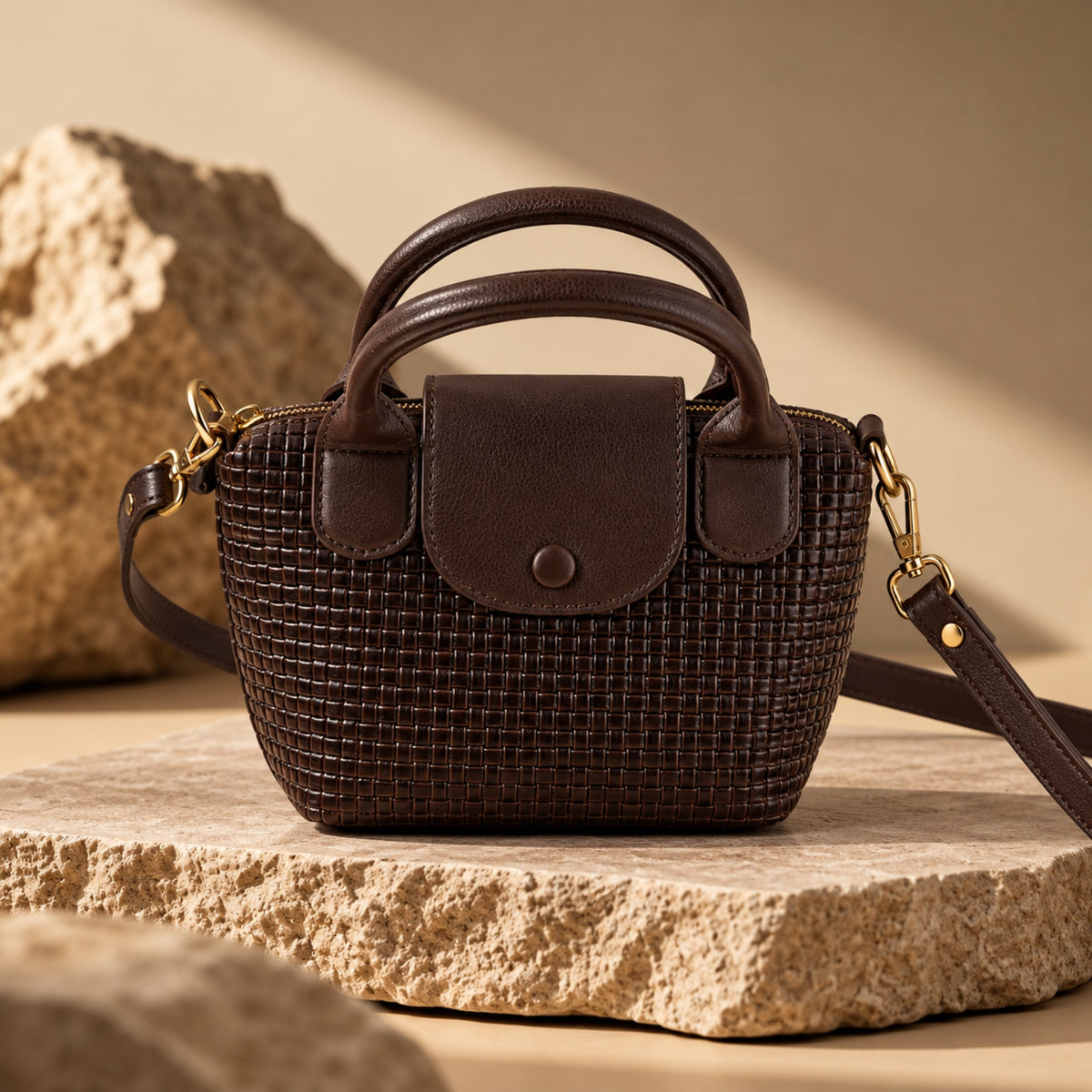 Textured Leather Handbag with Top Handles & Shoulder Strap – Dark Brown