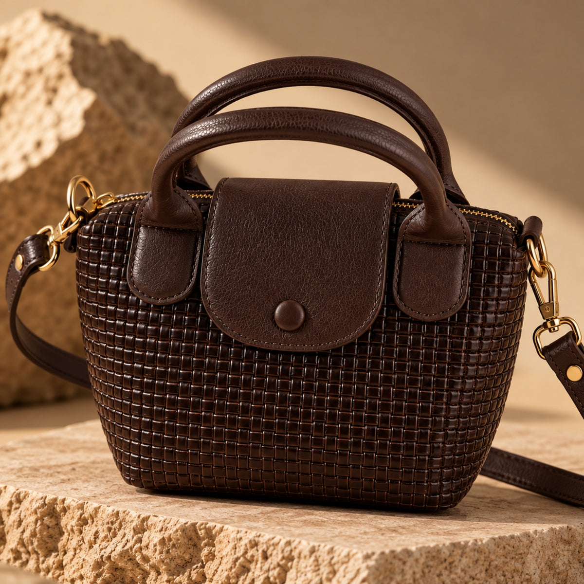 Textured Leather Handbag with Top Handles & Shoulder Strap – Dark Brown