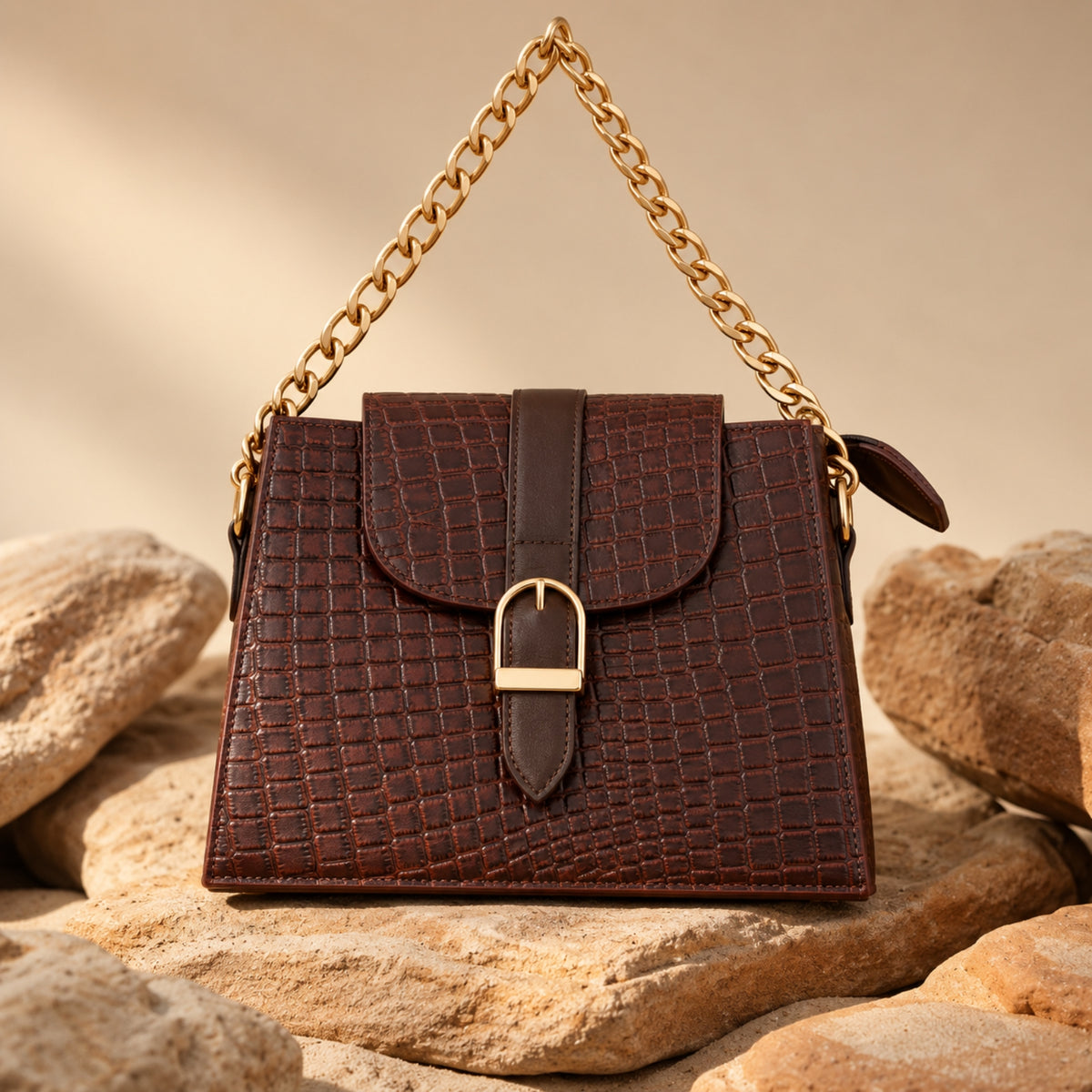 Crocodile-Texture Leather Handbag with Gold Chain Strap – Dark Brown