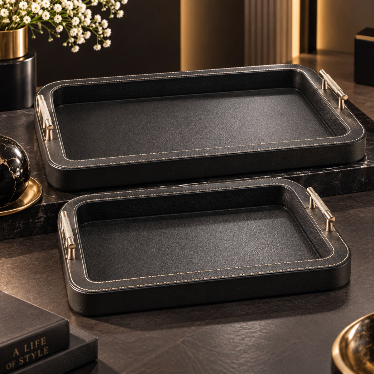 Premium Black Leather Serving Tray – Small & Medium