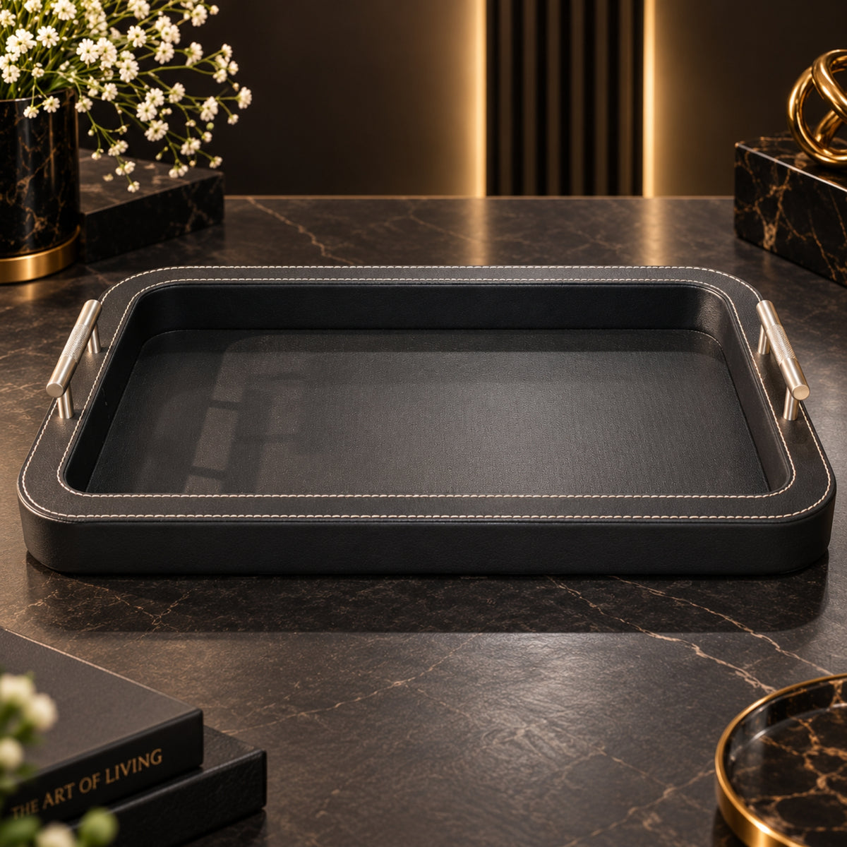 Premium Black Leather Serving Tray – Small & Medium