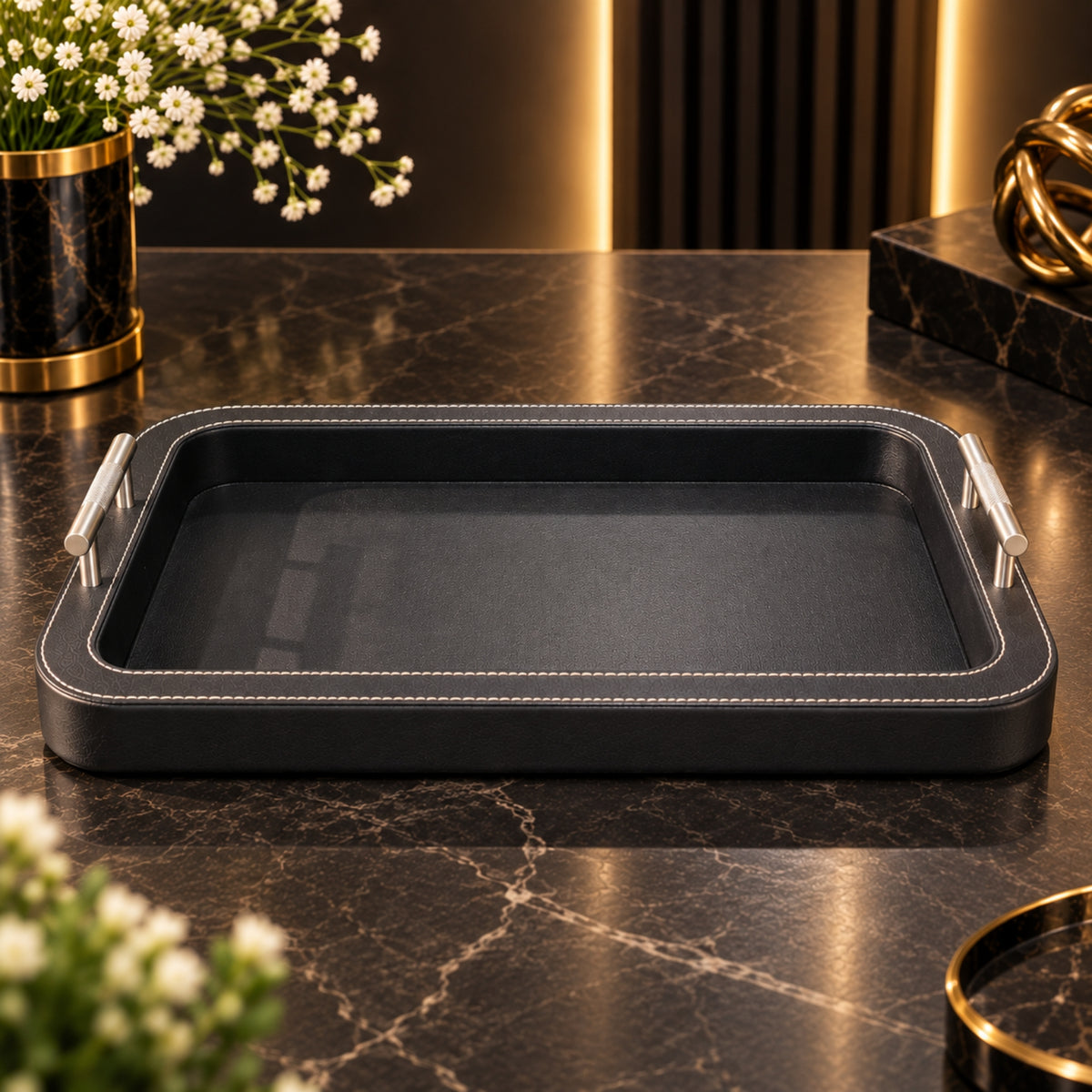 Premium Black Leather Serving Tray – Small & Medium