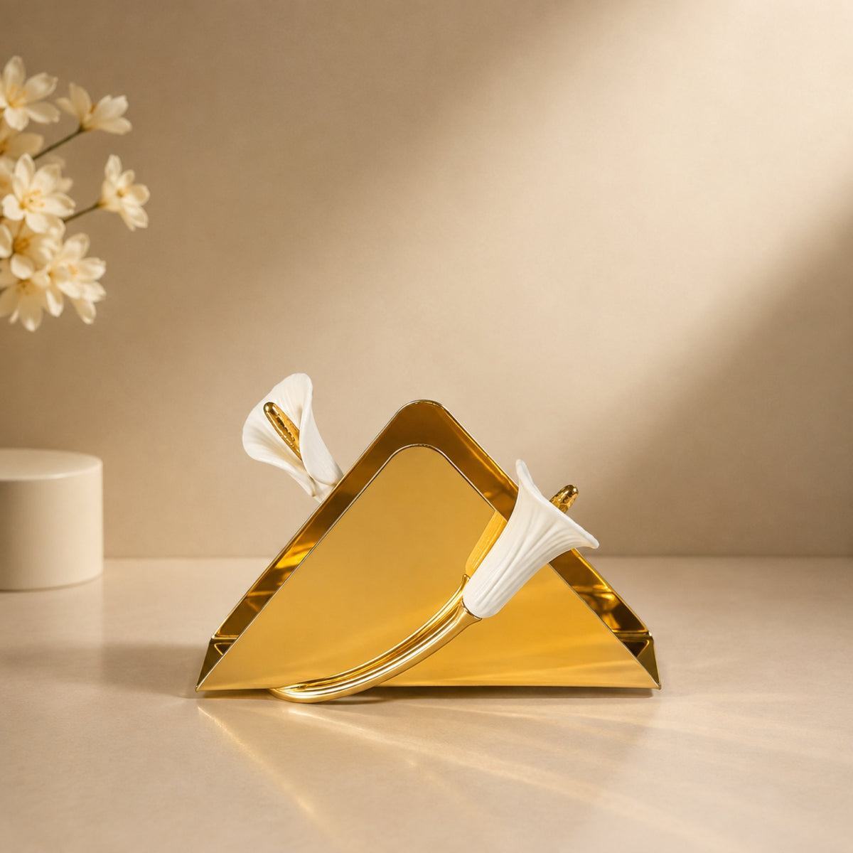 Calla Lily Golden Triangle Napkin Holder – Gold & White