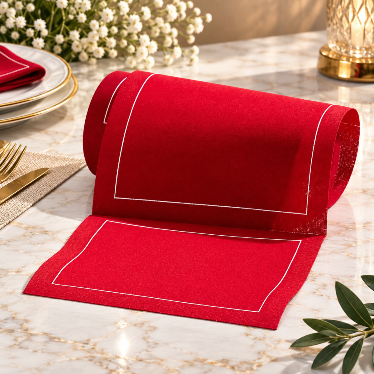 Premium Table Napkin Roll – 20 × 20 cm, 50 Pcs | Red, Brown & Blue