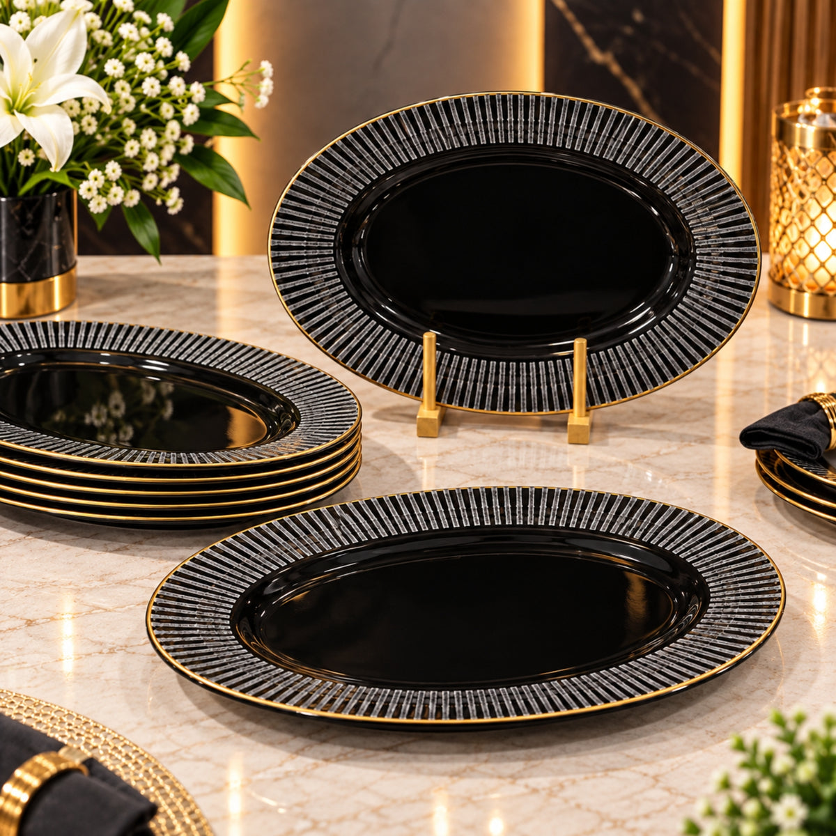 33cm Black Oval Platter with Golden Line – Elegant Serving Platter