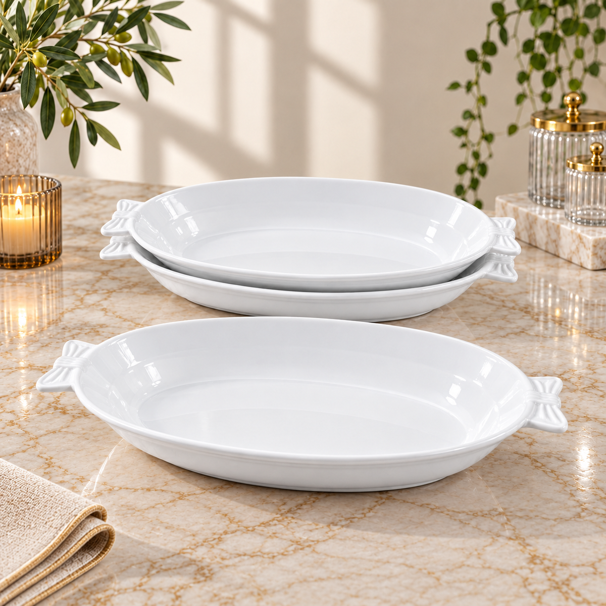Elegant White Oval Buffet Serving Tray with Decorative Handles
