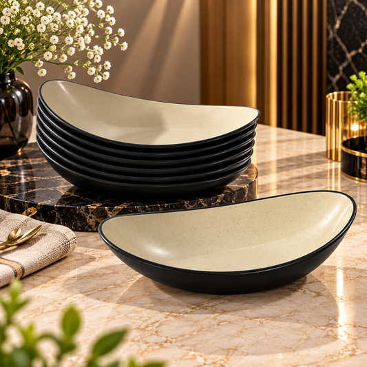 Melamine Oval Serving Bowl – 14.5 × 9.5 Inch | Black & Beige