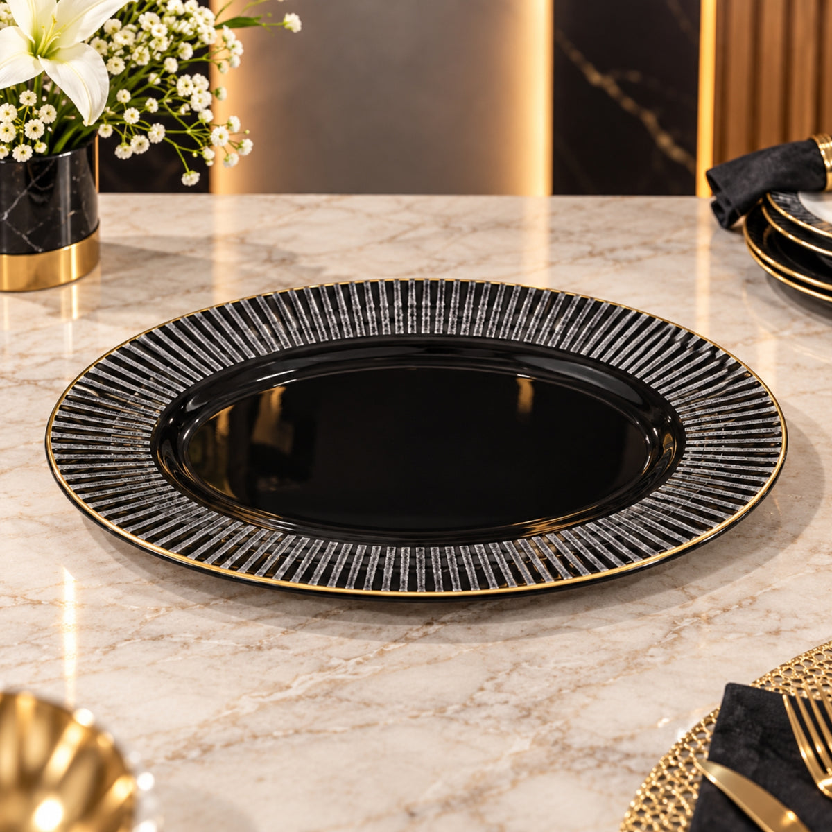 33cm Black Oval Platter with Golden Line – Elegant Serving Platter