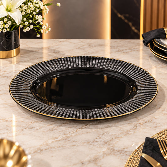 33cm Black Oval Platter with Golden Line – Elegant Serving Platter