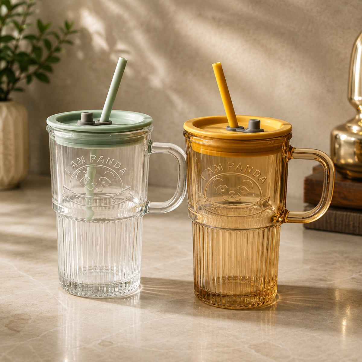 Panda Straw Glass Cup with Lid & Handle – Single Piece