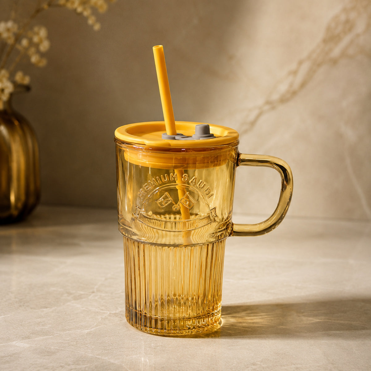 Panda Straw Glass Cup with Lid & Handle – Single Piece