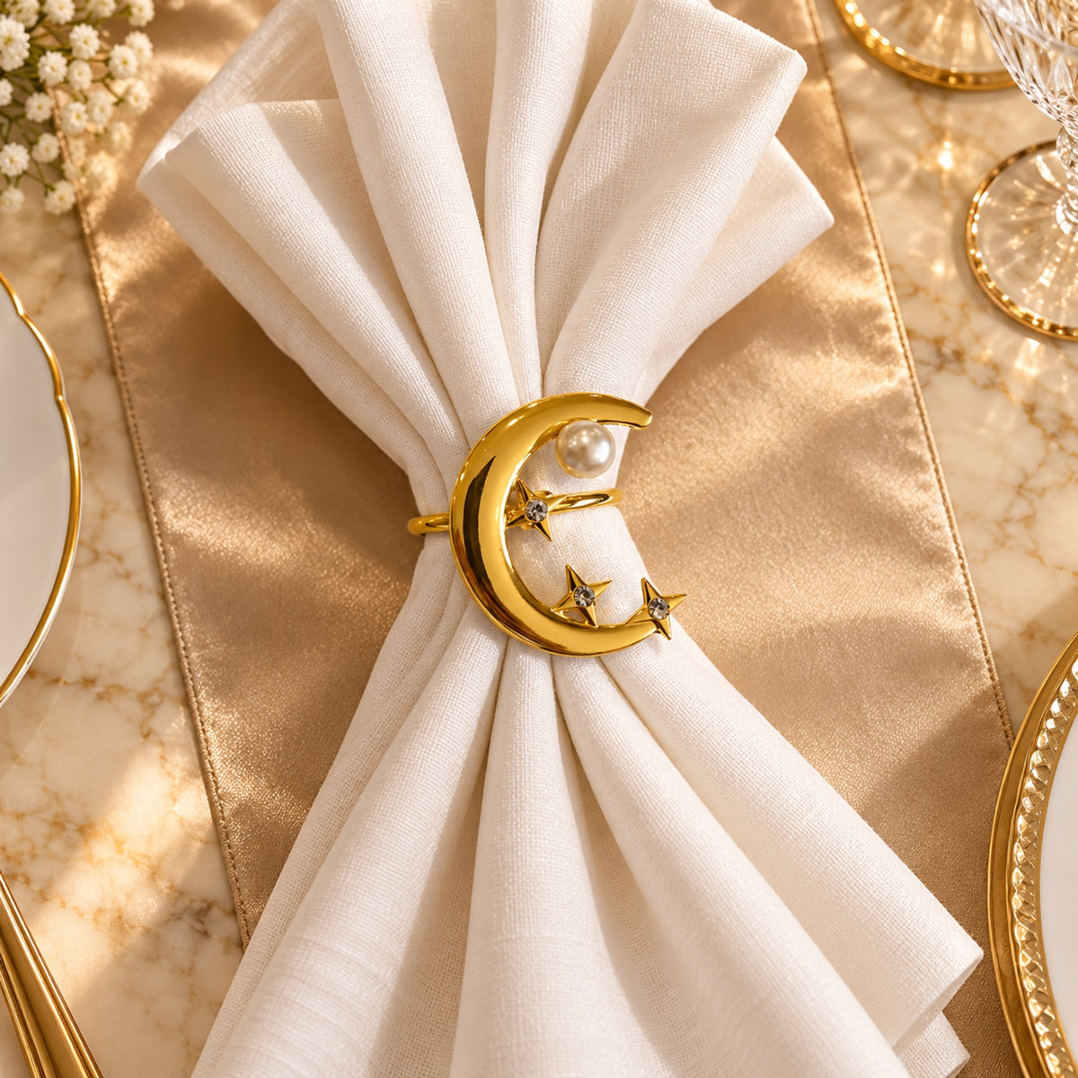 Gold Crescent Moon Pearl & Star Napkin Holder