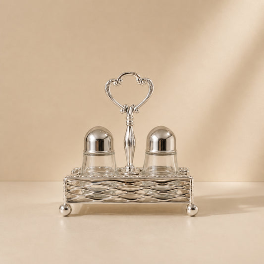 Calla Lily Handle Fan-Shaped Salt & Pepper Shaker Set with Silver Stand