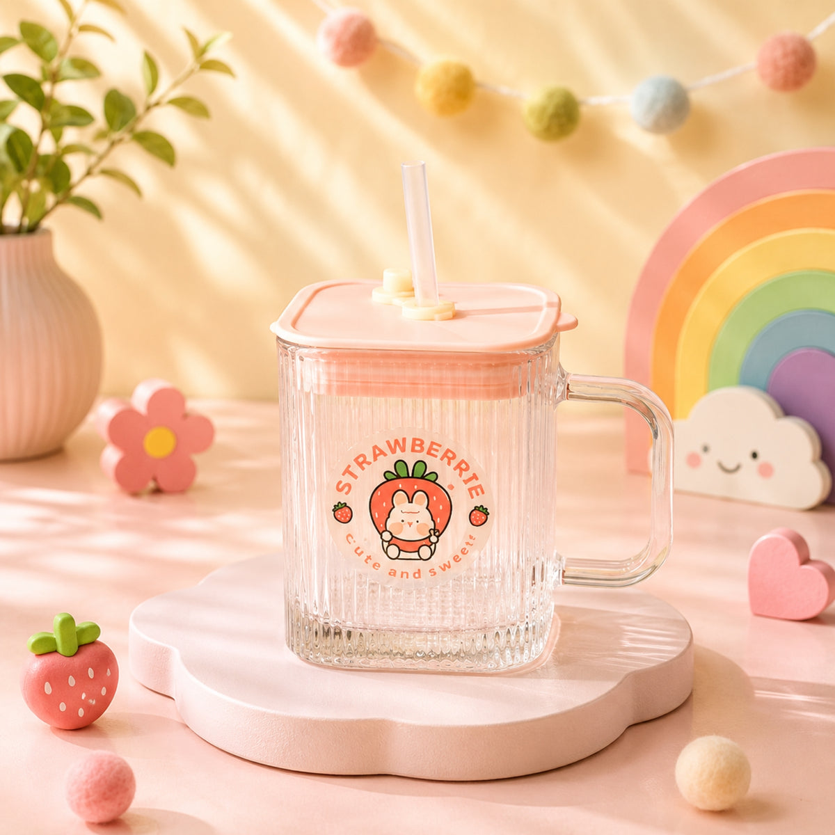 Cute Square Straw Glass Cup with Handle & Lid – Single Piece | 3 Colors