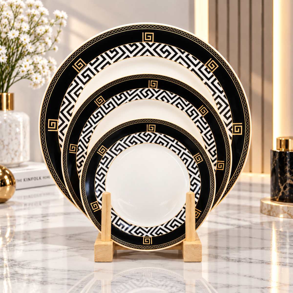 Luxury Black, White & Gold Decorative Round Serving Plates – 15, 20 & 26 Inch