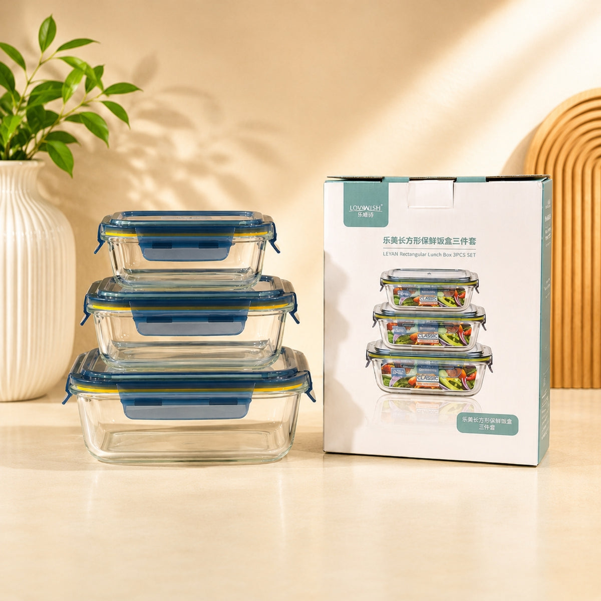 Lexian rectangular 3-piece glass lunch box set with 400ml 640ml and 1040ml food storage containers