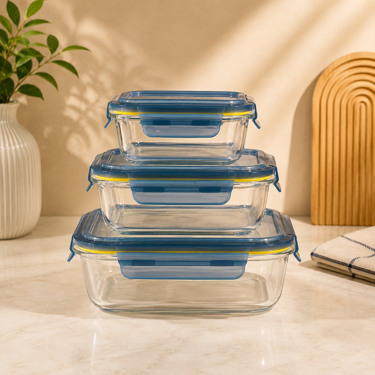 Lexian rectangular 3-piece glass lunch box set with 400ml 640ml and 1040ml food storage containers