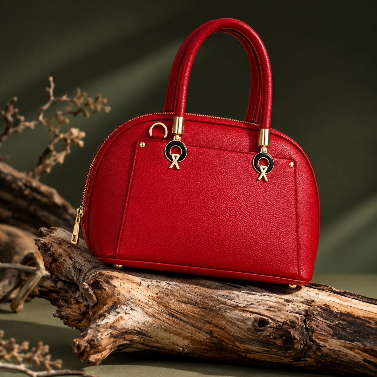 Elegant Red Leather Handbag with Gold-Tone Hardware