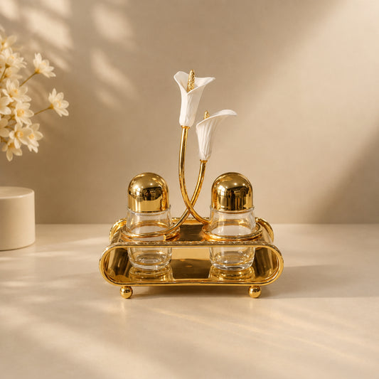 Calla Lily Handle Gold Salt & Pepper Shaker Set with Round Iron Base
