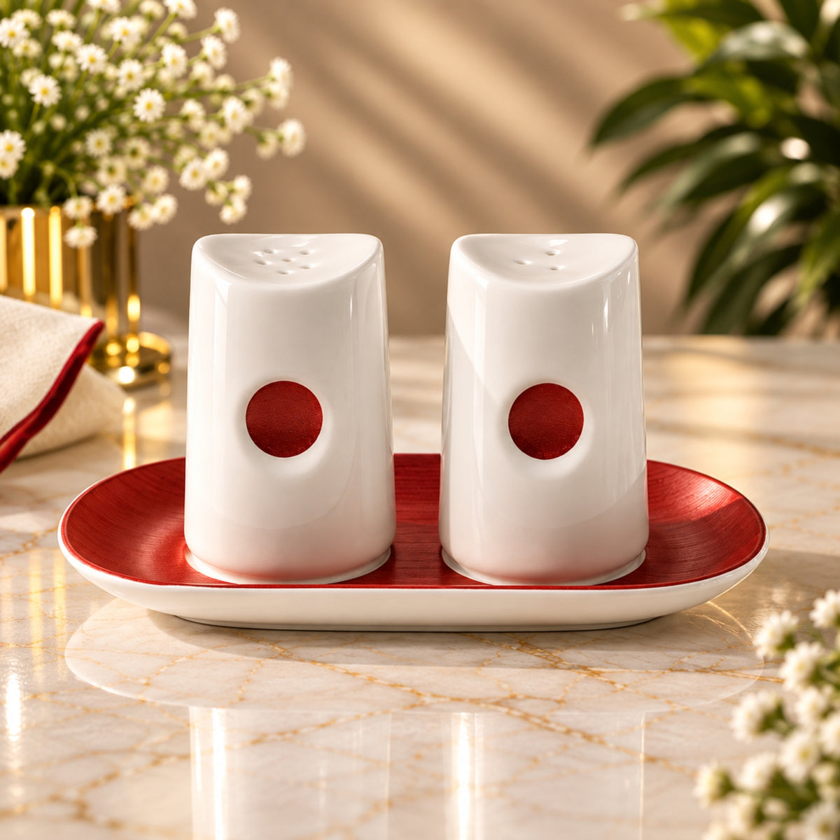 Pito Salt & Pepper Shaker Set with Matching Tray – Red & White